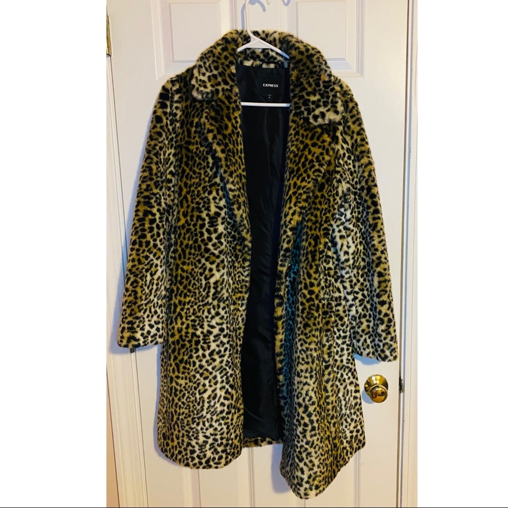 Express Leopard print faux fur coat, size: small